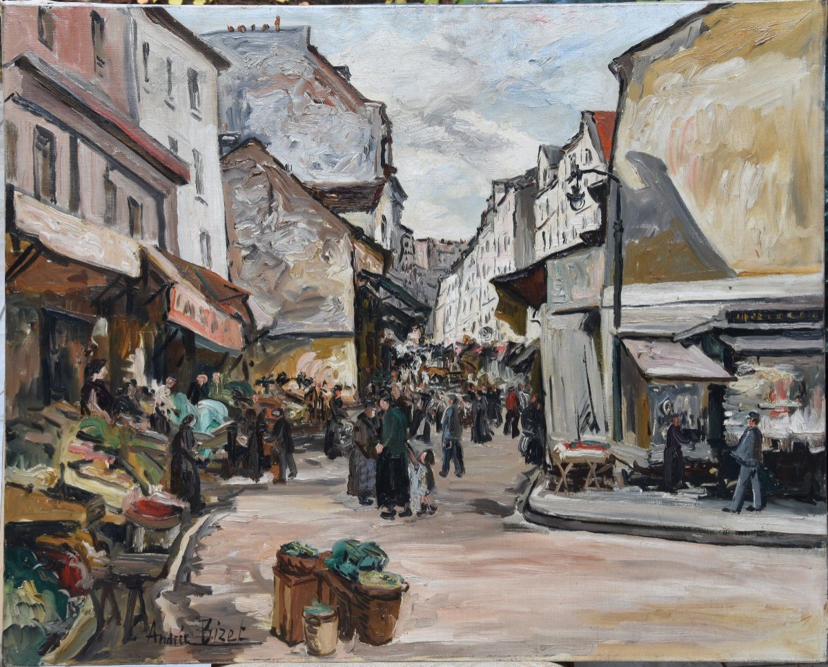 Andrée Bizet "rue Du Marché"" Oil On Canvas 60x73